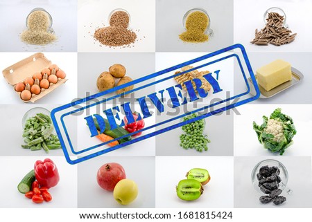 A mosaic or collage of variety of food squares with blue delivery sign. Order, products, food delivery.