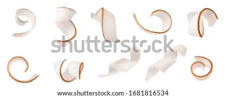 Coconut shavings curl pieces set isolated on white background as package design detail Royalty-Free Stock Photo #1681816534