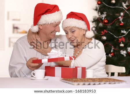 Happy beautiful elderly couple celebrating new year at home