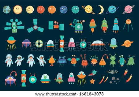 Big vector set of space elements for children. Collection of flat style spaceship, satellite, spacecraft, planets, astronauts, star, ufo, aliens, comet isolated on white background
