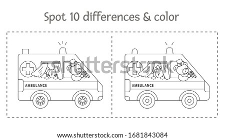 Medical find differences game and coloring page for children. Medicine preschool activity with ambulance car and cute characters. Puzzle with special emergency transport