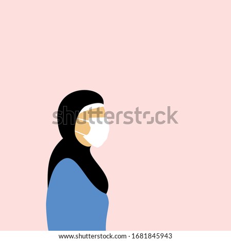 Muslim woman in hijab and white respirator mask afraid of coronavirus, flu, covid-19, virus outbreak. Protects herself. Fight against pandemia, worldwide virus. Vector illustration, pink background