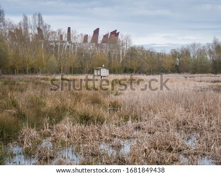 View over Salburua Wetlands in winter, in the background the basketball stadium. Vitoria-Gasteiz, Basque Country, Spain