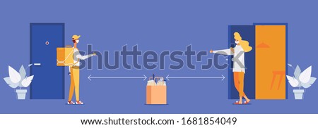 Contactless delivery concept illustration. Vector scene with courier and woman in protective masks and food bag with safe distance to protect form covid-19 or coronavirus Royalty-Free Stock Photo #1681854049