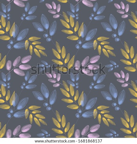 Delicate twigs watercolor digital art seamless pattern on blue background. Print for cards, invitations, weddings, banners, posters, fabrics, wrapping paper, packages, web design.