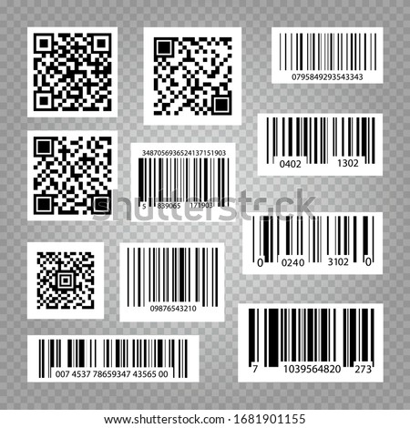 Barcode black and white vector illustrations set. Vector code information, QR, store scan codes. 