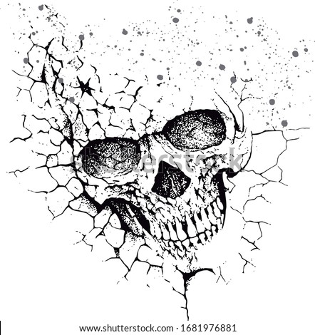 Handmade vector illustration of a stylized skull in dry, crumbly soil. Art with stripped and textured.