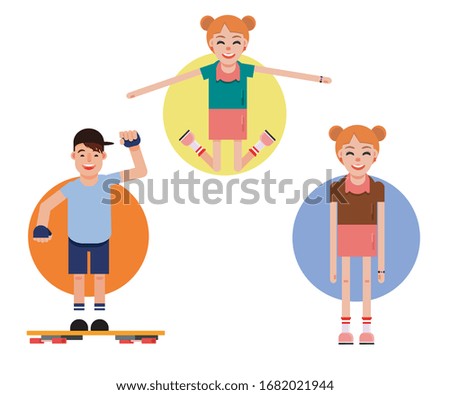 three kids jumping, skateboarding, standing and smiling