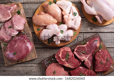 Assortment of meat and seafood . Beef , chicken , fish and pork Royalty-Free Stock Photo #1682026060