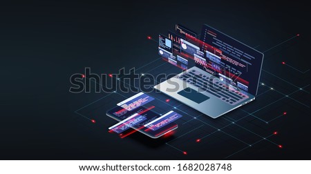 Programming and software development web page banner, program code on screen device. Software development coding process concept. Programming, testing cross platform code, app on laptop, phone UI/UX Royalty-Free Stock Photo #1682028748