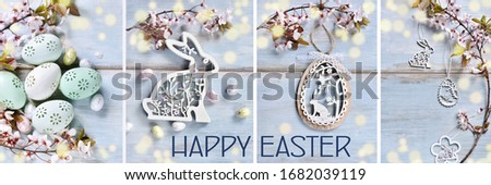 easter border with collection of pictures with eggs and white wooden decors on blue background 