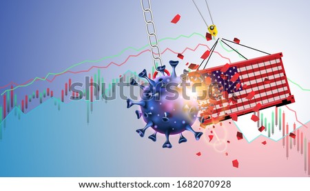 Pandemic and flu outbreak coronavirus or covid-19 effect to USA trade and economy and stock market business and financial recession concept. Vector illustration design. Giant virus crash to container. Royalty-Free Stock Photo #1682070928