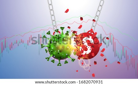 Pandemic and flu outbreak coronavirus or covid effect US dollar currency trade and economy and stock market business and financial recession concept. Vector illustration design. Giant virus crash t Royalty-Free Stock Photo #1682070931