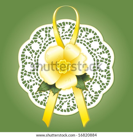 Lace Doily, antique vintage design pattern, wild yellow  Rose, ribbon. Victorian style gift ornament for holidays, Valentines Day, Mothers Day, birthday. White isolated on green background. 