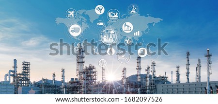 Double exposure of oil refinery industry and icon connecting networking for information and using modern  technology, Industrail 4.0 concept. Royalty-Free Stock Photo #1682097526