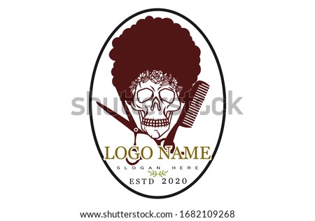 Skull logo, Afro-haired skull with scissors, comb and ellipse frame