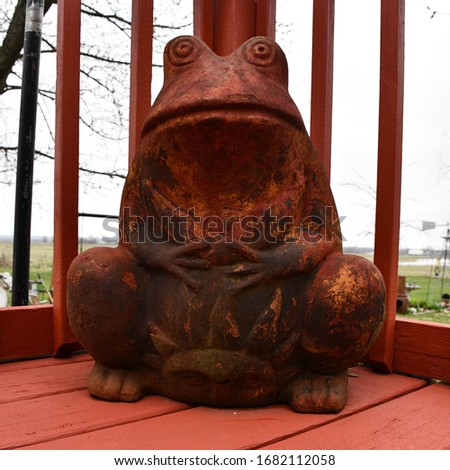 Ceramic frog flower pot on a deck
