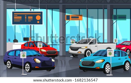 Cartoon car showroom center with autos exhibition inside. Automobile dealership store shop interior. New modern vehicles models demonstration, sale and trading. Vector flat illustration Royalty-Free Stock Photo #1682136547