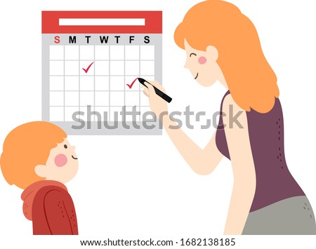Illustration of a Kid Boy Looking at the Calendar His Mother is Making for Him
