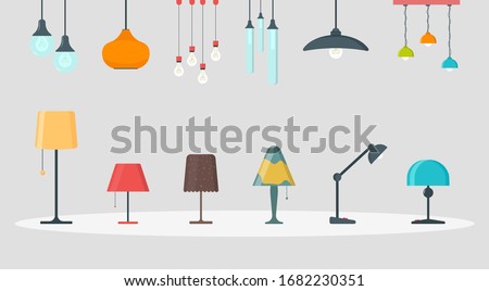 A set of lamps on a white background. Furniture chandelier, floor and table lamp in flat cartoon style. Chandeliers, illuminator, flashlight - elements of a modern interior.Vector illustration,EPS 10. Royalty-Free Stock Photo #1682230351