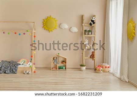 Wooden montessori bed, young room style, decorative toy and object style. Montessori.