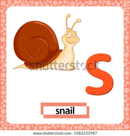 Letter s lowercase with cute cartoon character Snail isolated on white background. Funny colorful flashcard Zoo and animals ABC alphabet. Education card for kids learning English vocabulary, alphabet.