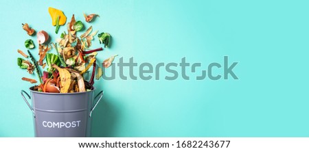 Peeled vegetables in white compost bin on blue background. Trash bin for composting with leftover from kitchen on blue background. Top view. Recycling scarps concept. Sustainable and zero waste Royalty-Free Stock Photo #1682243677