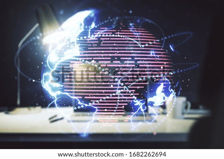 Double exposure of abstract digital world map with connections on computer background, big data and blockchain concept
