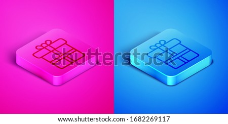 Isometric line Gift box icon isolated on pink and blue background. Square button. Vector Illustration