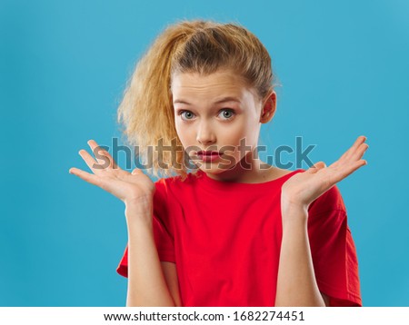 Blue background girl in love Red T-shirt emotions