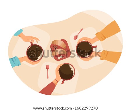 People drinking coffee in coffee shop. Human hands holding ceramic mugs, table, bakery. Vector illustration for refreshment, break, morning concept