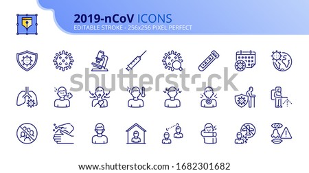 Outline icons about Coronavirus information. 2019-nCoV prevention and symptoms. Health care.  Editable stroke. Vector - 256x256 pixel perfect. Royalty-Free Stock Photo #1682301682