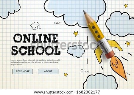 Online School. Digital internet tutorials and courses, online education, e-learning. Web banner template for website, landing page and mobile app development. Doodle style vector illustration Royalty-Free Stock Photo #1682302177