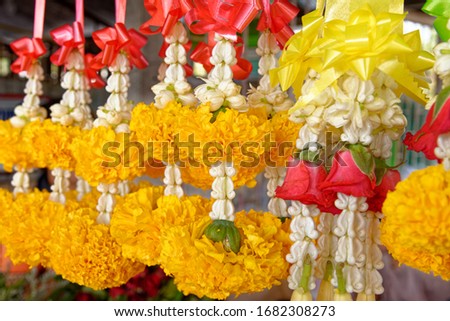 Thailand, Bangkok. Hand made flower arrangements used as offerings