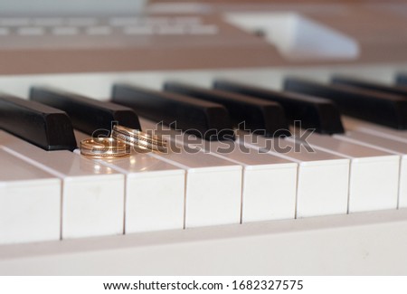 Two wedding rings in white and yellow gold lie on the piano keys . Wedding, melody