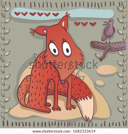 Vector illustration. Postcard with a picture of a fox and a raven in love, who sits on a tree branch and talks about love. Stylized decorative hand-drawn image. EPS-10