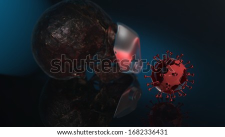Mask human skull with dark background. Death, horror, anatomy and halloween symbol. 3d rendering, 3d illustration