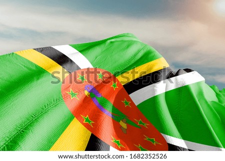 Dominica national flag cloth fabric waving on beautiful  sky.