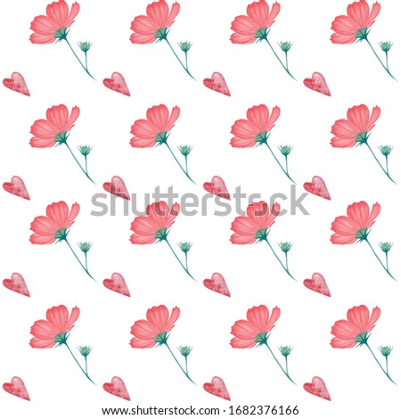 Seamless pattern of watercolor corall flowers with hearts. Hand Drawing. Isolated on white background. Floral illustration for design, print, fabric, invitations, wallart, wrapping paper and other.