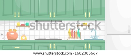 Kitchen interior with wooden cabinets. Sink, oven, dish and toaster on the countertop. Flat vector illustration.