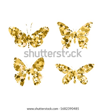 Set gold glitter butterflies. Beautiful spring, summer golden sequins silhouettes on white background. Icons different shapes wings, for fashion, ornaments, tattoo. illustration.