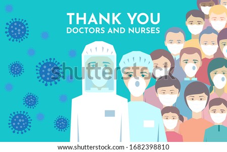 Thank you doctors and nurses working in the hospitals and fighting the coronavirus, vector illustration