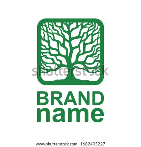 Logo silhouette of a tree crown without leaves. Green branches and trunk in a square frame. Icon, sign, symbol, brand identity for agriculture, bio, eco, natural, organic foods. Vector illustration.
