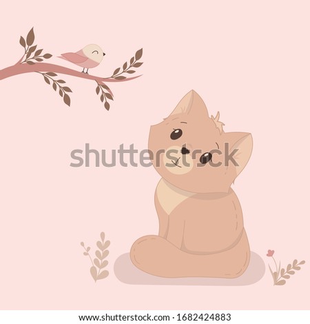 Cute cartoon baby cat, hand drawn vector illustration. Print for baby t-shirt, fashion print design, kids wear, baby shower celebration greeting and invitation card.