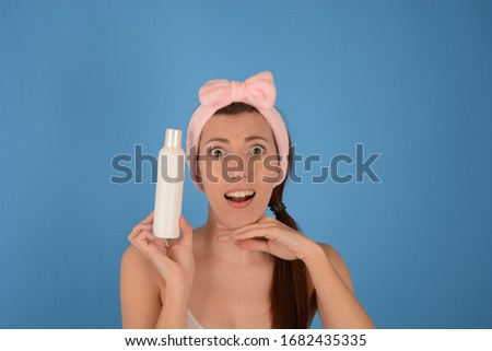 beautiful woman with shower gel hygiene advertisement