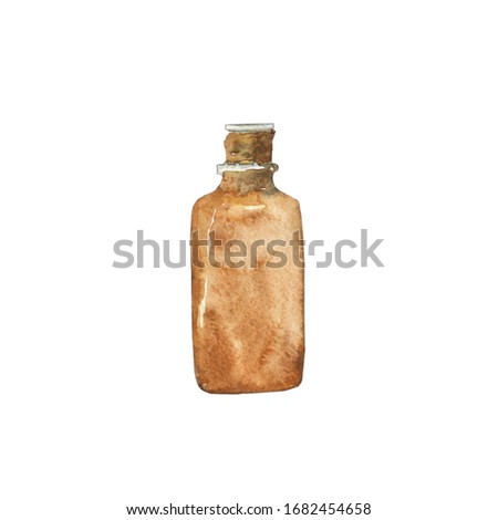 Glass brown opened bottle  for essential oil isolated on white background. Watercolor hand drawing illustration for cosmetic design. Clip art.