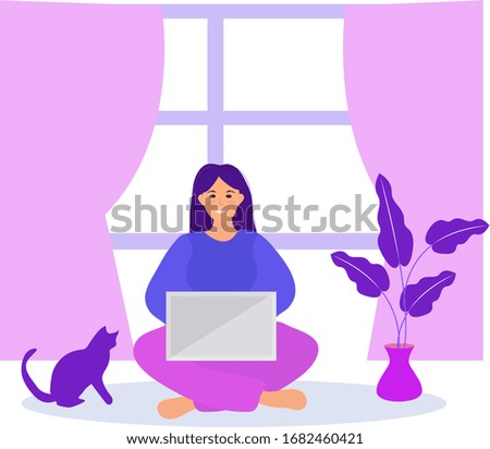 Work at home, freelance. Girl works on a laptop quarantined coronavirus. Young woman in telework self isolation. Vector illustration