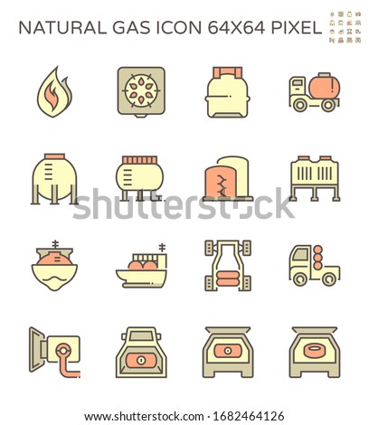 Natural gas storage tank and transportation vector icon. Including flame, refuel, truck and tanker. Natural gas divided to NGV and CNG for vehicle, Lpg for cooking, Lng for transport via LNG tanker.