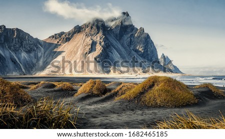 Impressive Colorful Seascape of Iceland. Best popular places near Stokksnes cape and Vestrahorn Mountain. Iceland. Iconic location for landscape photographers. Travel adventure and freedom concept. Royalty-Free Stock Photo #1682465185