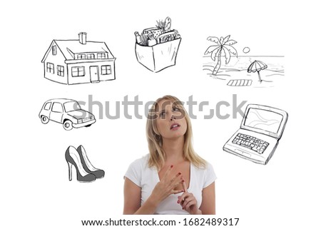 blonde woman calculating her budget on isolated white background with funny drawings 